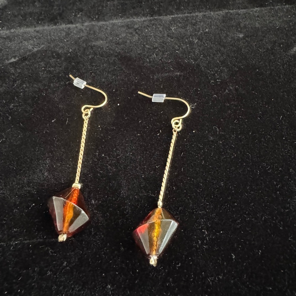 Vintage Murano Amber and Gold Glass Bead Chain Antique Classic Drop Earrings